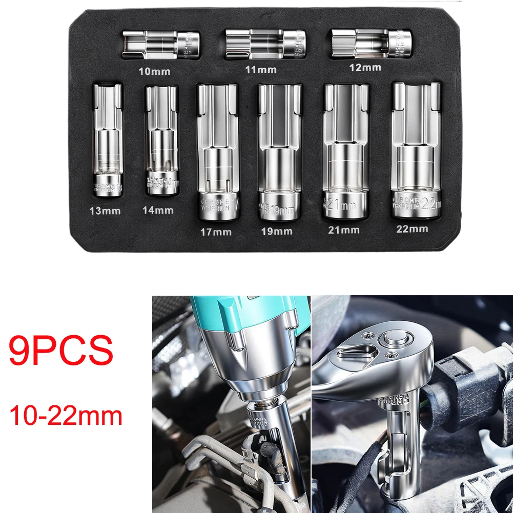 9pcs/set 10-22mm Oil Pipe Wrench Sockets Removal Open End 1/2 3/8inch Drive Adapter For High-pressure Hydraulic Hoses
