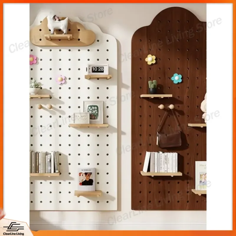 Nordic Style Wood Pegboard Rack with Stainless Steel Shelf Special Shape Wall Mounted Storage Organizer for Entrance Hall