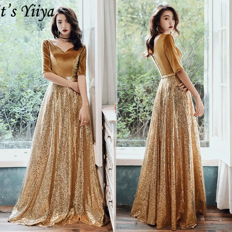 

Eveing Dress Golden Velvet Sequin V-Neck Half Sleeve Lace up Floor-Length A-Line Plus Size Women Party Formal Gown Customization