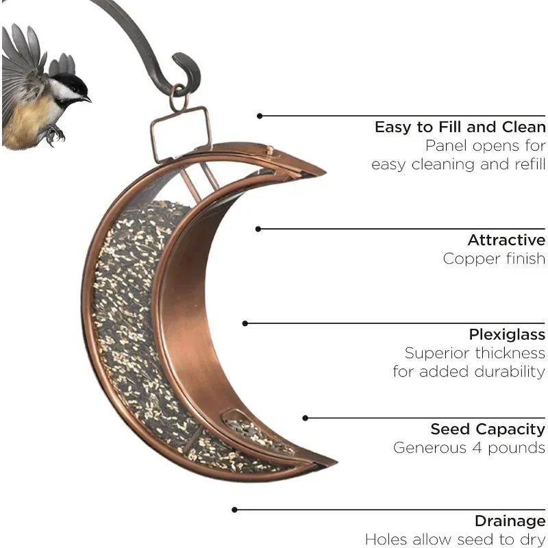 Over The Moon Large Size Copper Bird Feeder, Heavyweight Plexiglass, Easy-to-Fill