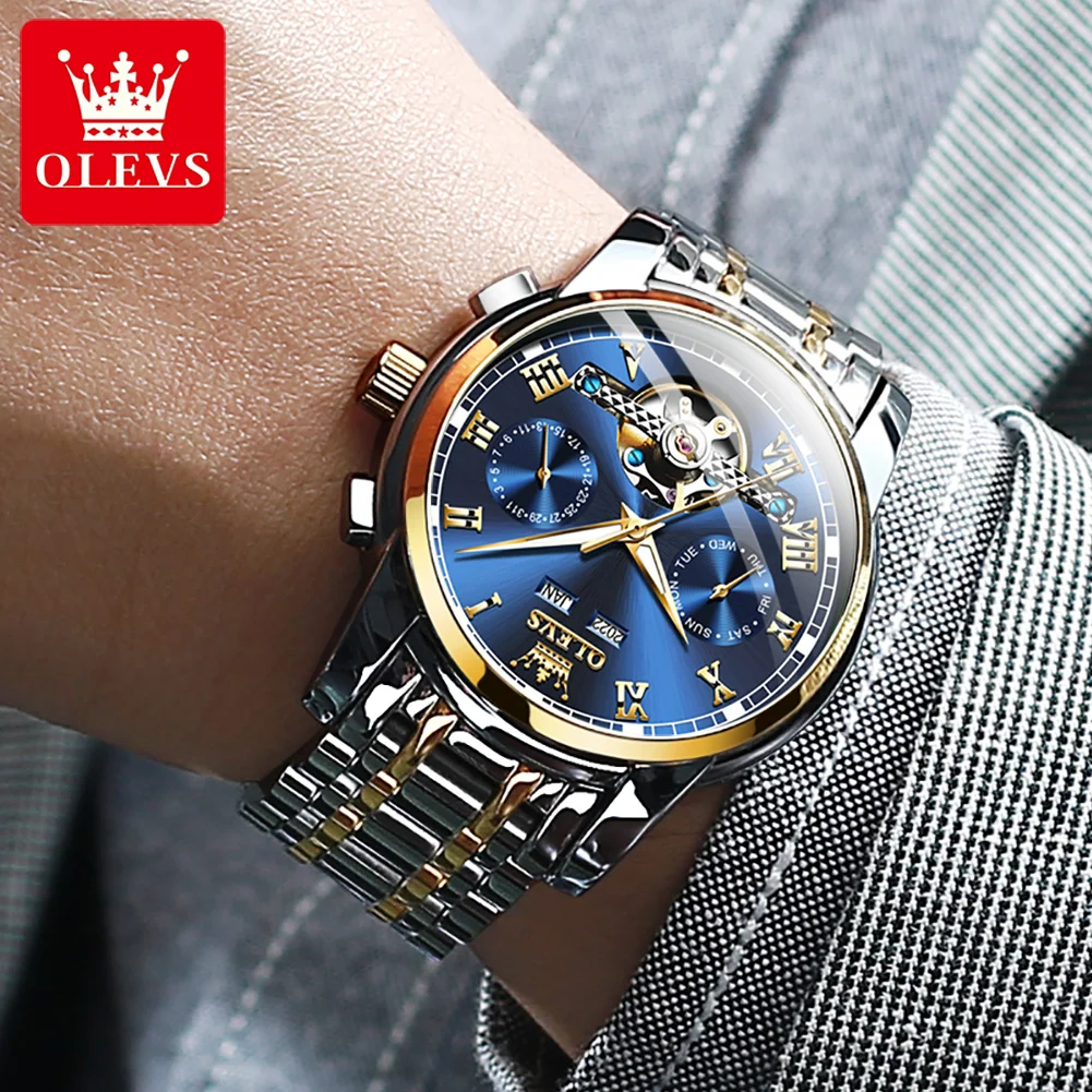 Original OLEVS Automatic Watch for Men Date Calendar Skeleton Hollow Stainless Steel Business Wristwatch Men Mechanical Watch