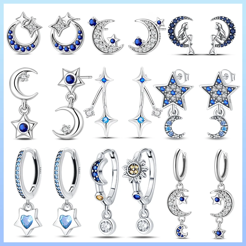 2025 New 925 Sterling Silver Moon Universe Starry Sky Series Charm Earrings Women Blue Shiny Zircon Daily Wear Jewelry