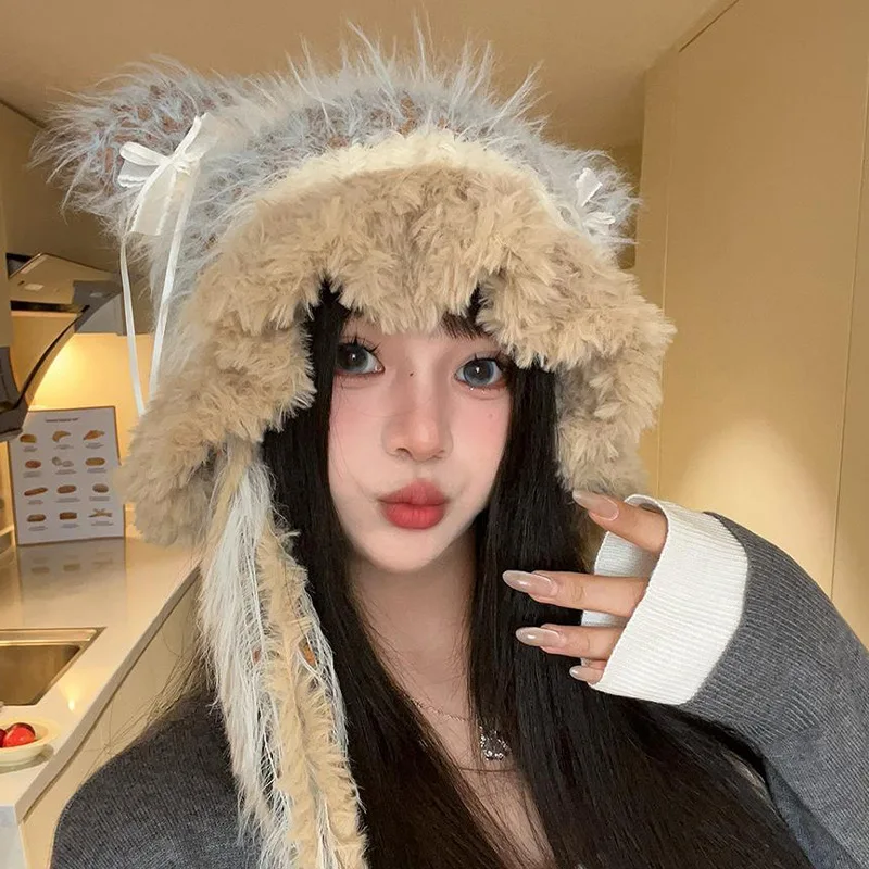 2025 Fashion Autumn Winter Women Sweet Striped Spliced Warm Ear Protection Pullover Trend Bow Decoration Dual-use Knitted Hats 3