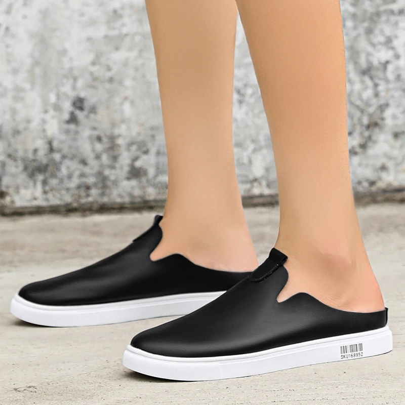 Leather Slip On Flat Mules Men Backless Loafers Slipper Half Shoes For Man Closed Toe Slide Sandals Open-back Casual Board Shoes