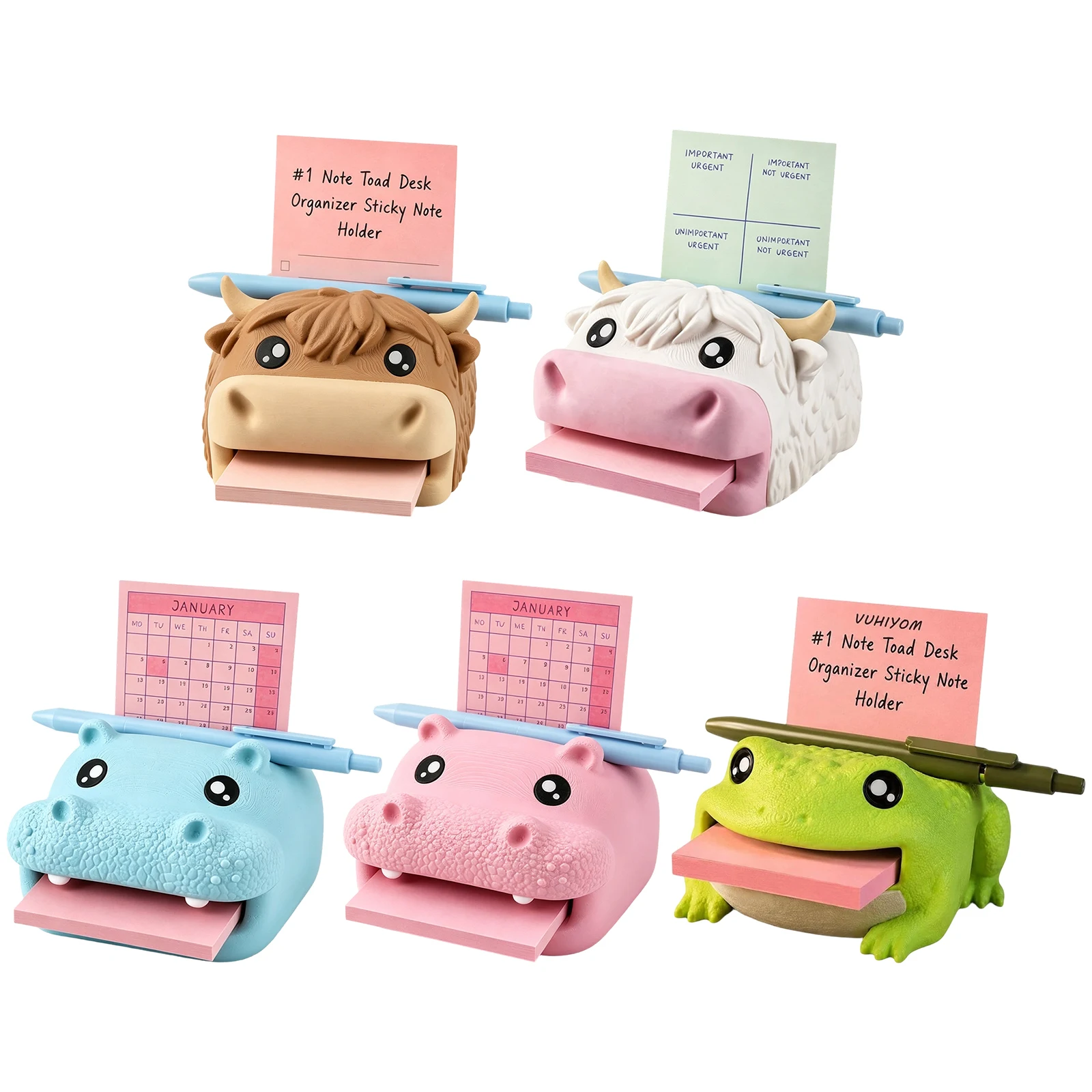 New Desk Organizer Frog Hippo Highland Cow Note Holder Resin Cute Pen Holder Pencil Stand with Sticky Note Dispenser Photo Slot