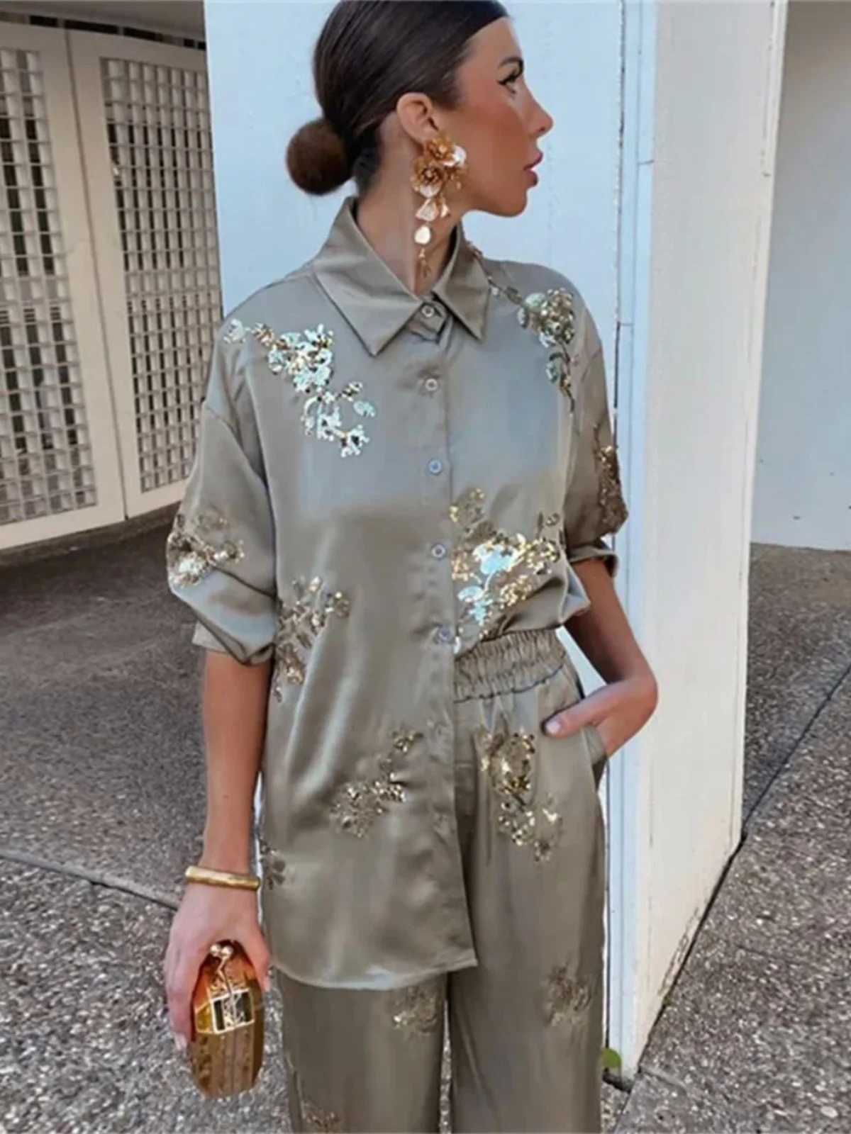 スパンコール刺繍長袖シャツパンツセット-光沢のあるスパンコール装飾ツーピースカジュアルスポーツウェア-20代と30代の女性向け