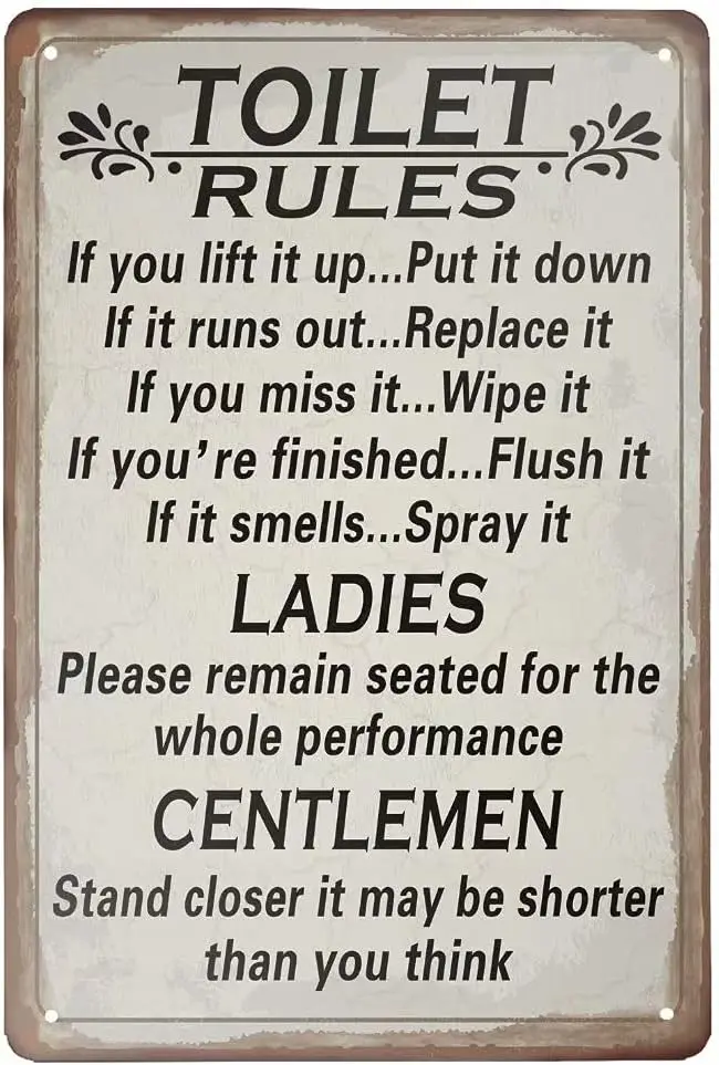 Mvgges Funny Novelty Tin Sign Toilet Warning Metal Tin Sign, Toilet Rules for Ladies and Gentlemen Sign Home Kitchen Bar Room