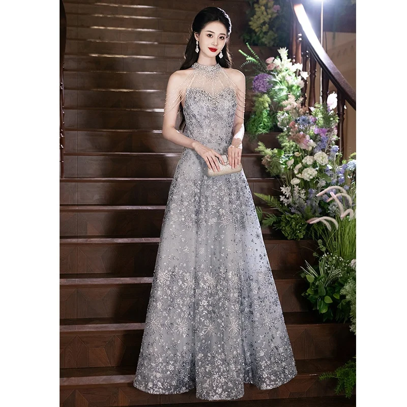 Sexy Neline Evening Gown Host Year End Par Dr owmanip Sino Silk Single oulder Sle mid Waist KTV Costume