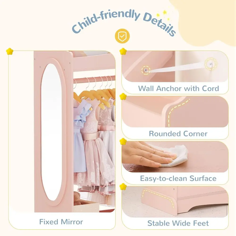 Crianças vestir-se armazenamento com espelho, guarda-roupa infantil com 3 ganchos, armário infantil para meninas meninos, armário aberto pendurado traje organizar