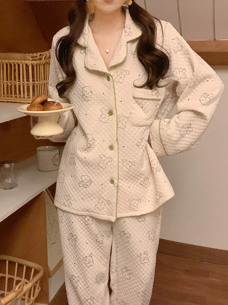 Lover Quilted Thicken Cartoon Bear Winter Long Sleeve Pajama Set Women Loose New Elegant Casual Pattern Simple Sleepwear Ins