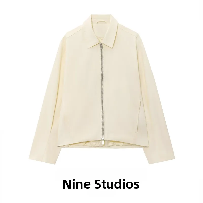 

NINE ZA Women's Color ket Decorated Pilot Jaet Zipper Trimmed Collar Outerwear Commute Loose Fit Long Sve