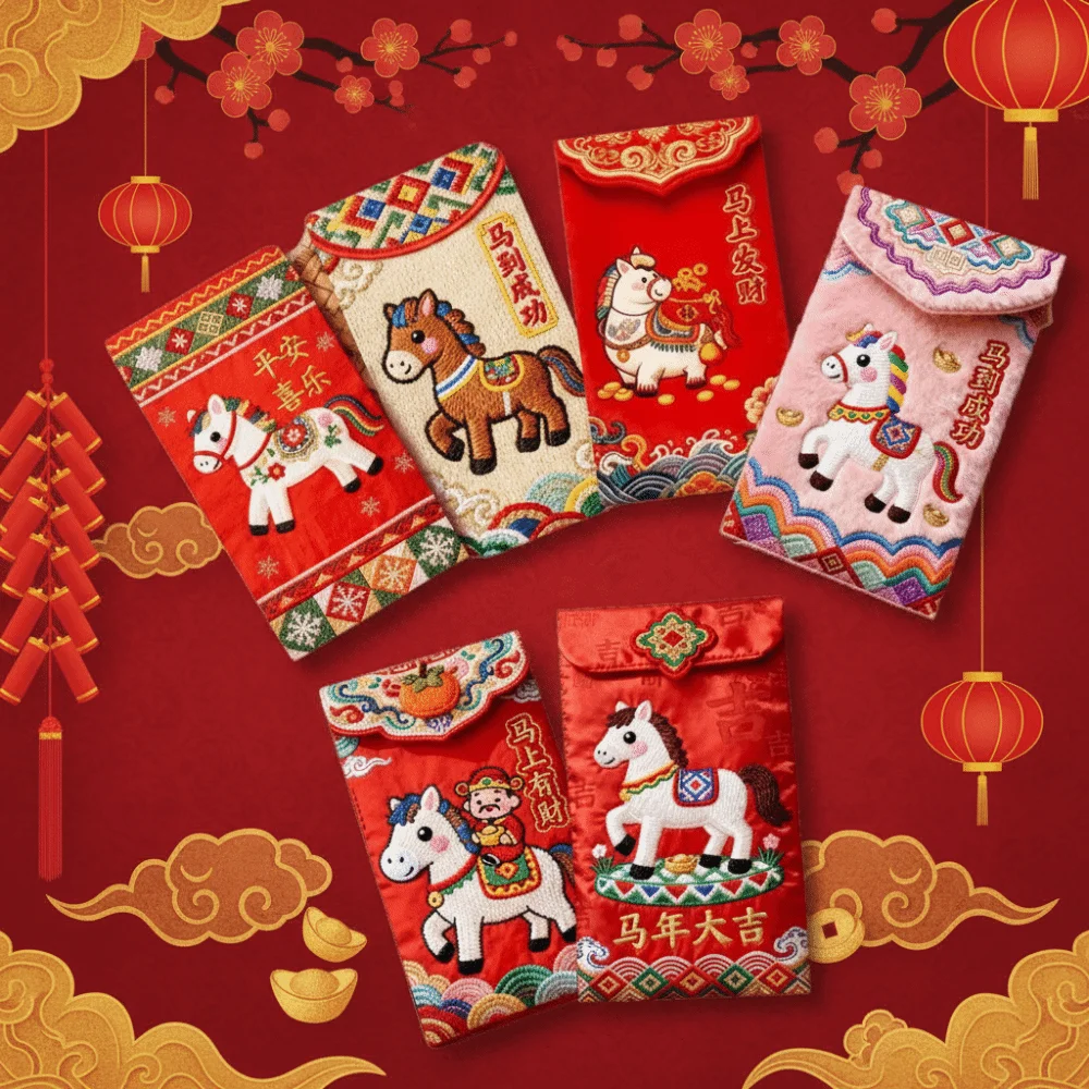 

Chinese Style 2026 Red Envelopes Cartoon Embroidery Style Horse Year Money Envelope Traditional Thickened Money Bag