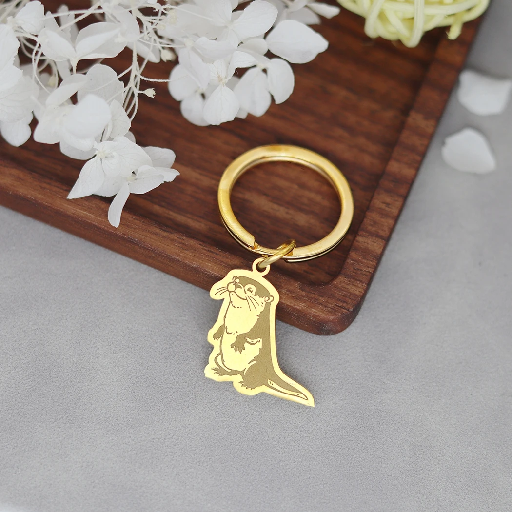 Cute River Otter Personalized Pendant Keychain Custom Name Letter Men Women Stainless Steel Keyring Jewelry Gift