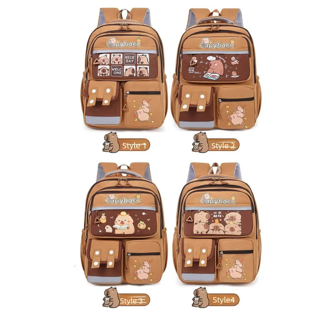 Large Capacity Capybara Backpack Nylon Adjustable Strap Cute Animal Bookbag Lightweight Multi Pocket Student School Bag