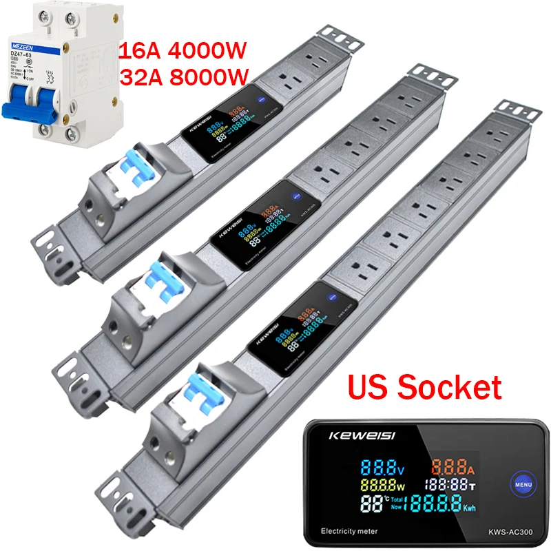 Network Cabinet Socket 2-7 Ways US outlet PDU Distribution Unit Digital Display Power Meter 4000/8000W Without Wire strip