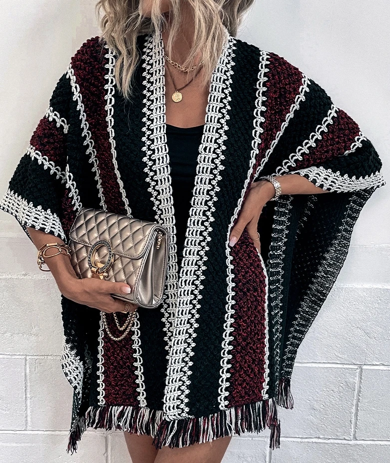 Women's Ethnic Style Cardigan 2025 Autumn Winter Latest Collision Color Grid Tassel Cape Scarf Knitted Shawl Coat Open Front