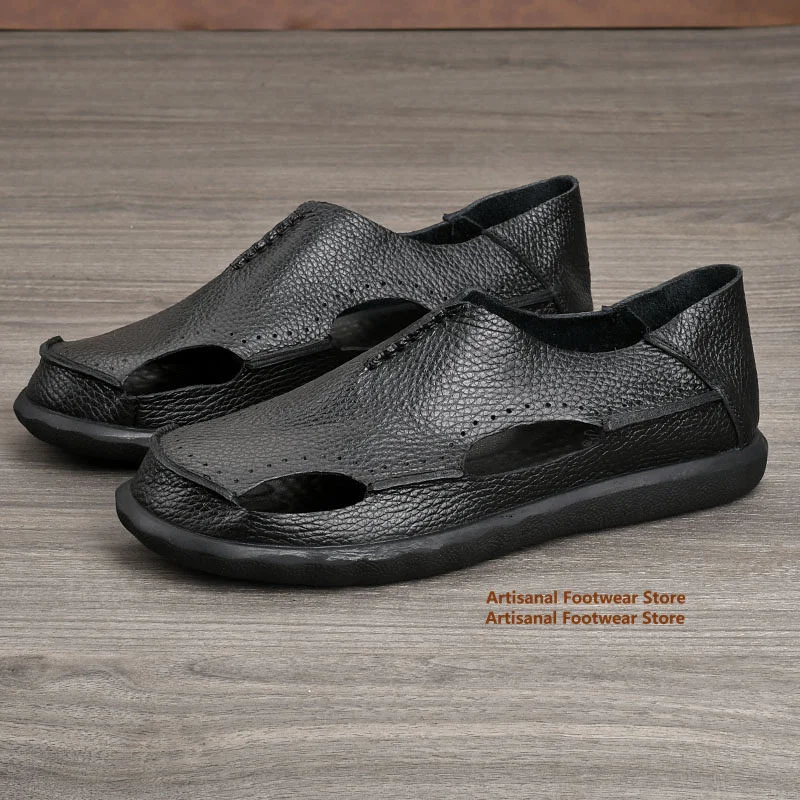 

Cowhide Hollowed Out Sandals for Men British Style Breathable Non Slip Leather Shoes Men's Loafers Soft Leather Men's Shoes