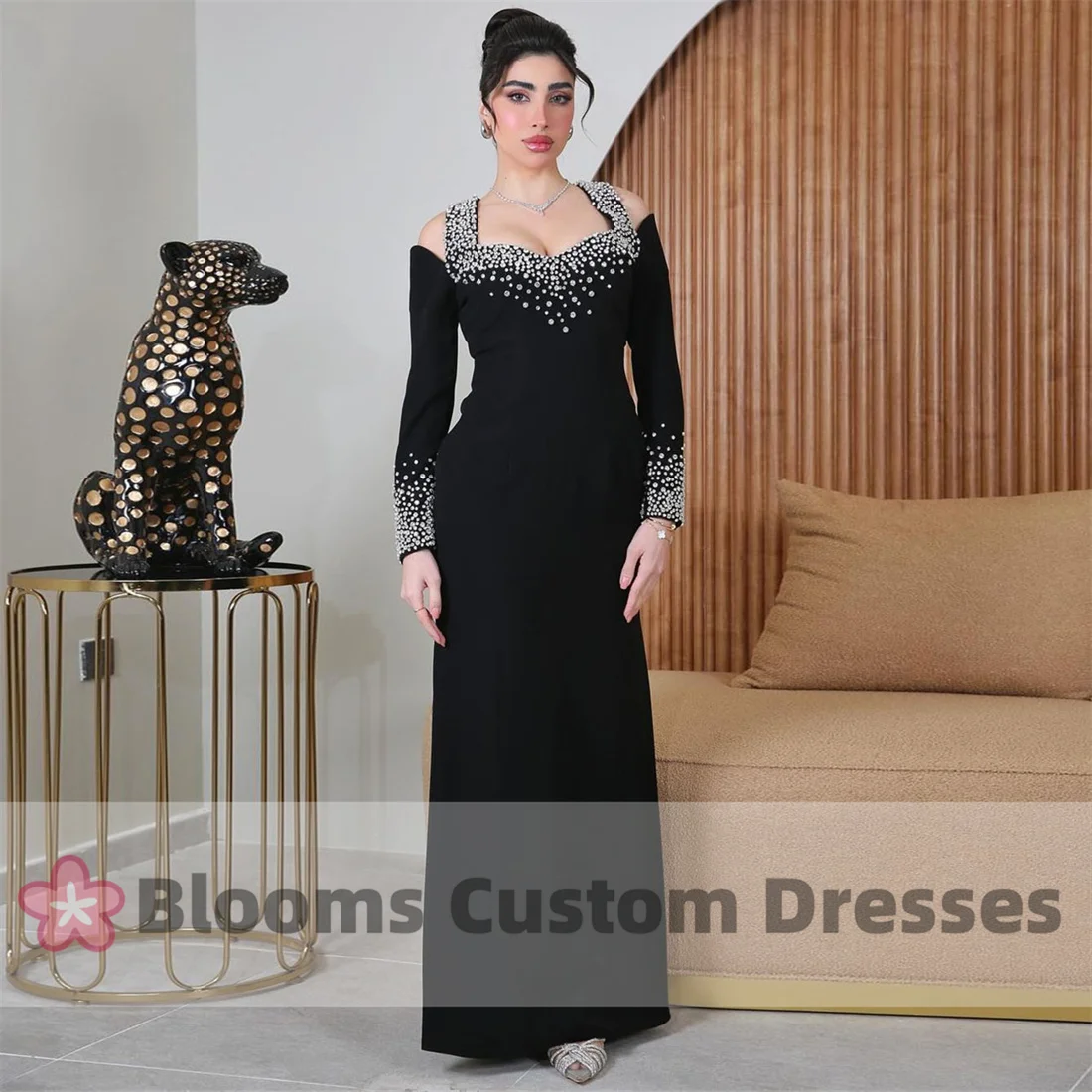 

Blooms Straps Shiny Rhinestone Black Prom Dress 2024 Arabia Long Sleeves Lace-up Wedding Formal Ocassion Gown Evening Dress