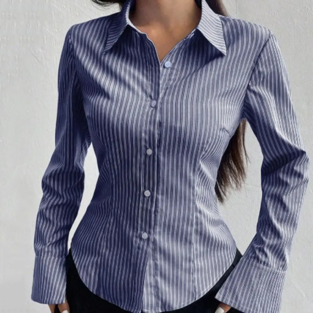 Klassische gestreifte langärmelige Bluse, Patchwork-Hemd mit Knopfleiste für Damen, dünner Umlegekragen, Retro-Chic-Oberteil – Detail 6