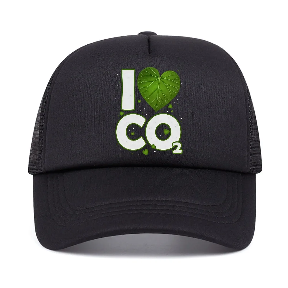 I Love CO2 Mesh Baseball Cap Heart Shaped Green Leaf Carbon Reduction Outdoor Individual Duckbill Hat Breathable trucker hats