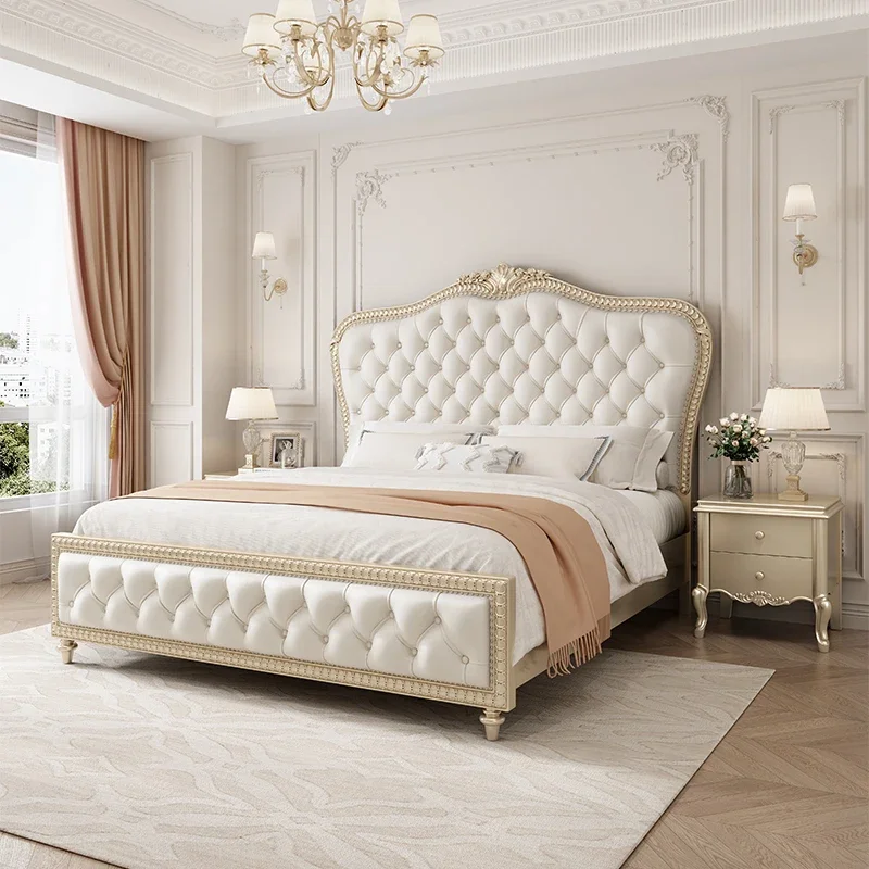 

American Style Soft Leather Solid Double Bed Headboard Frame Double Bed Queen Full Size Modern Lit 2 Personnes Bedroom Furniture