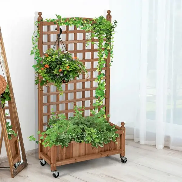 Caixa de plantador de madeira de 50 polegadas com cama elevada móvel de treliça para planta de escalada