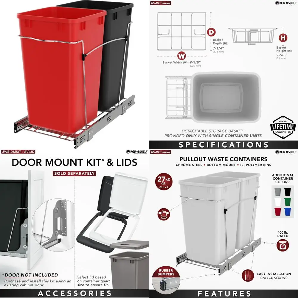 

Kitchen Cabinet Pullout Trash Can 27 Qt Garbage Recycling Bin with Full Extension Slides, Red/Black, Large Capacity Waste Bin fo