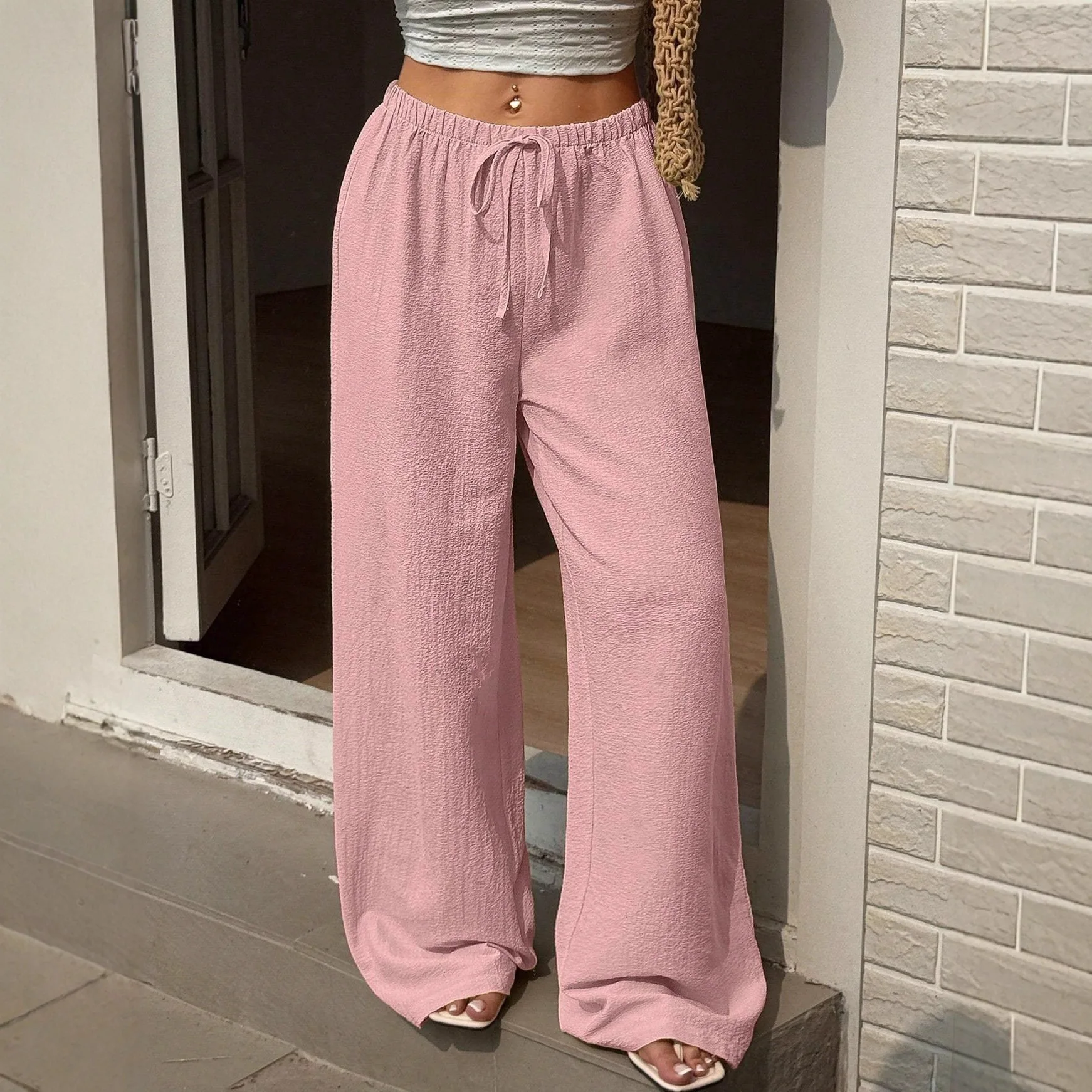 Summer Pink Lace-up Loose Mopping Casual Trousers  2025 New Europe and America