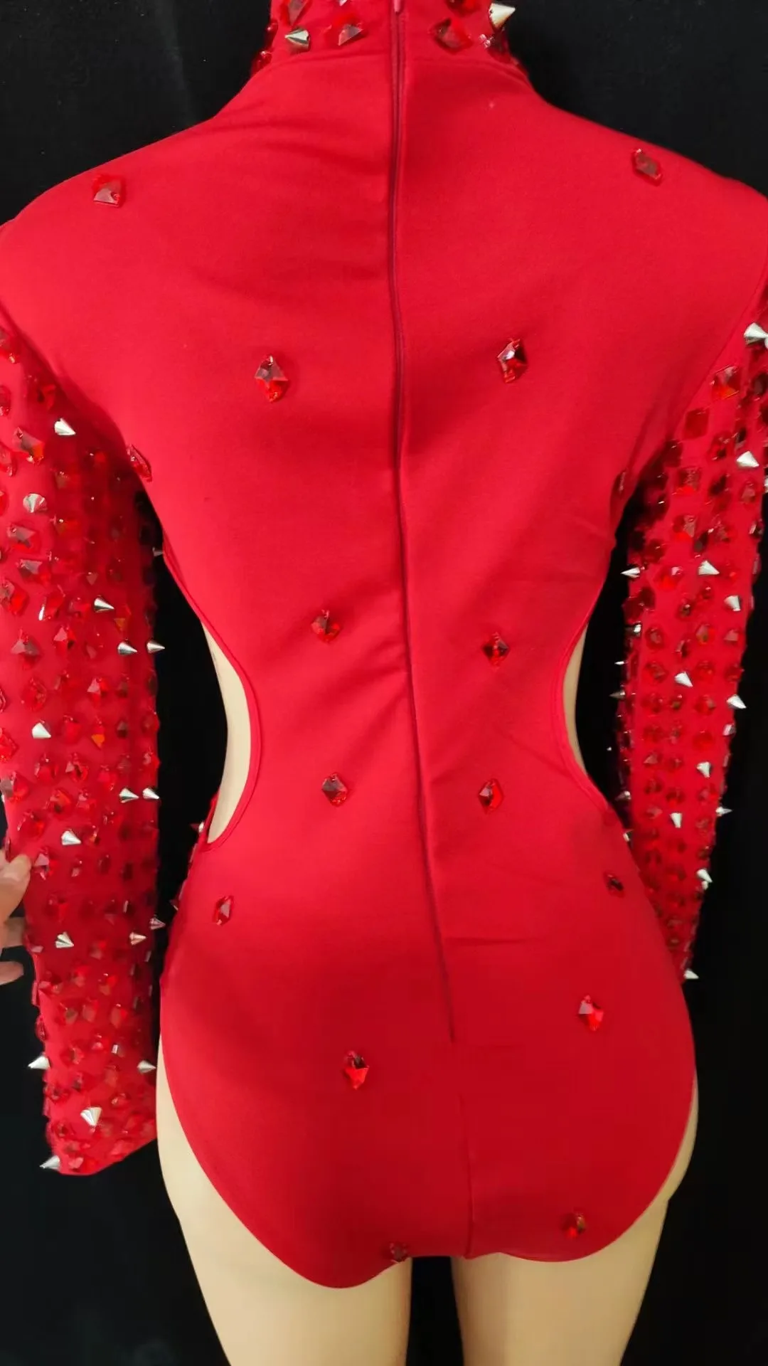 Red Rhinestones Bodysuit Sexy Hollow Out Rivet Jumpsuit Singer Stage Costume Gogo Dance Clothing Dj Ds Rave Outfit VDB7113