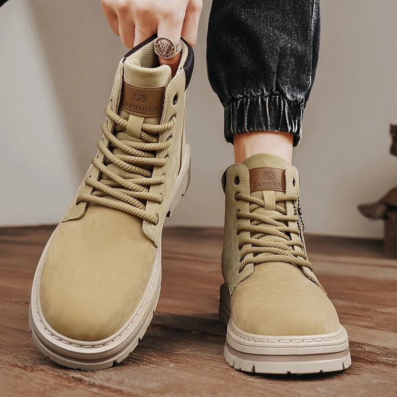 

Men's Workwear Solid-color Wear-resistant Leather High-quality Laced Outdoor Casual and Fashionable Anti-slip High-top Boots