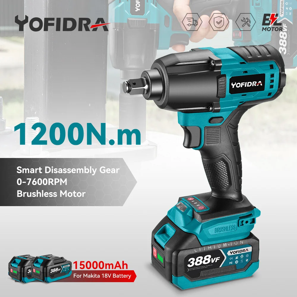 YOFIDRA 1/2 Inch 1200N.M Brushless Electric Impact Wrench Cordless Car Home Screwdriver With Drill Socket for Makita 18V Battery