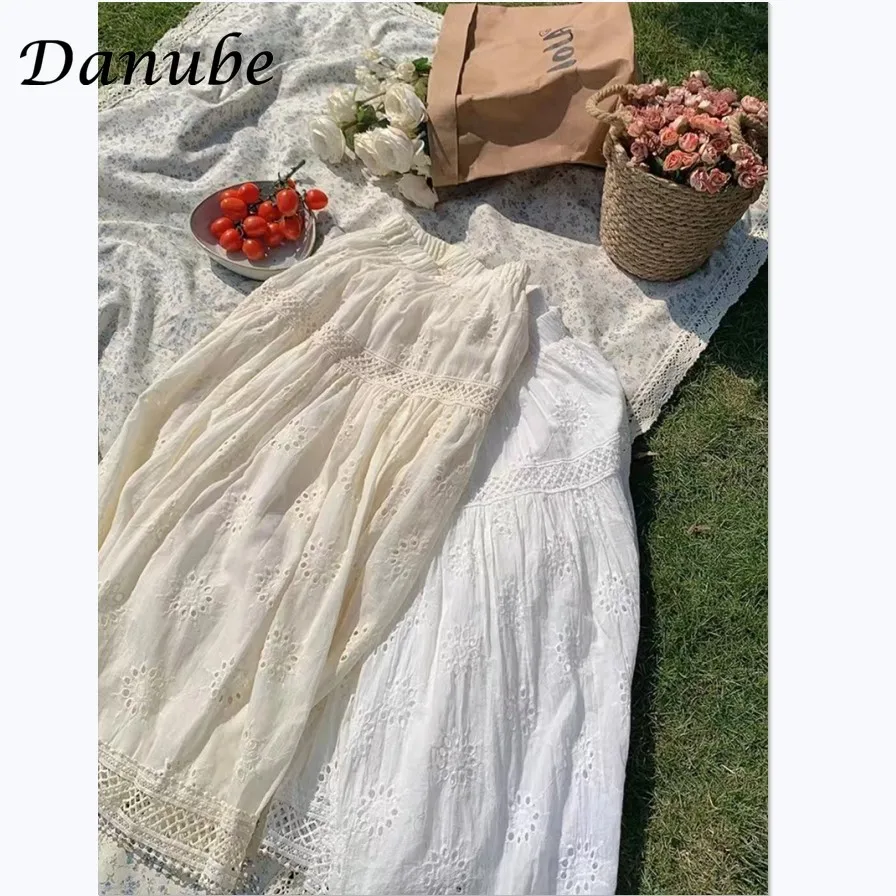 Vintage Embroidery Flower White Skirt Women Summer Elastic Waist Hollow Out Cotton Linen Long Skirts Elegant A-Line Beach Skirt