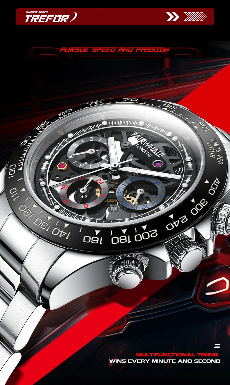 ساعة مارك فيرويل أوتوماتيكية للرجال 40 ملم ساعة يد ميكانيكية 30 متر مقاومة للماء هيكل عظمي مضيء تاريخ الأسبوع 24 ساعة