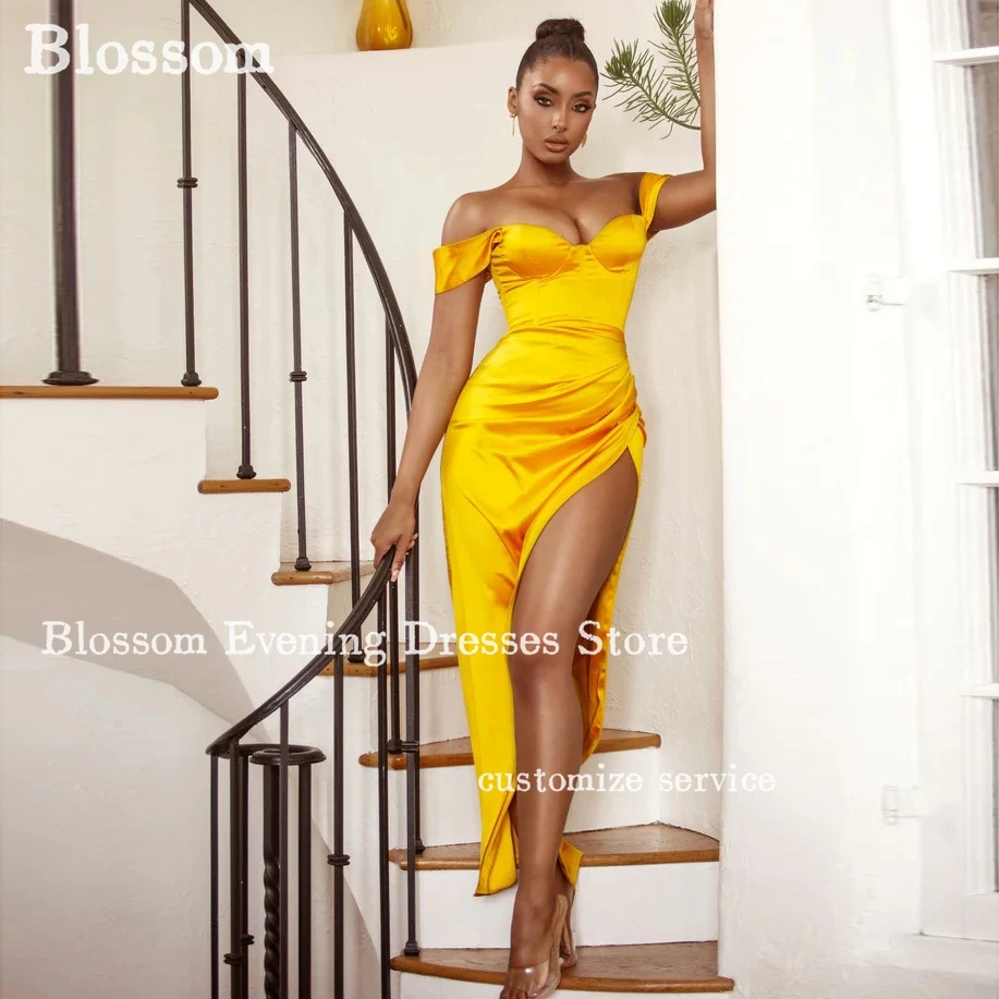 

Bright Yellow Simple Evening Dresses 2024 Off Shoulder Ruched Side Slit Elegant Wedding Party Gown Formal Dresses For Prom