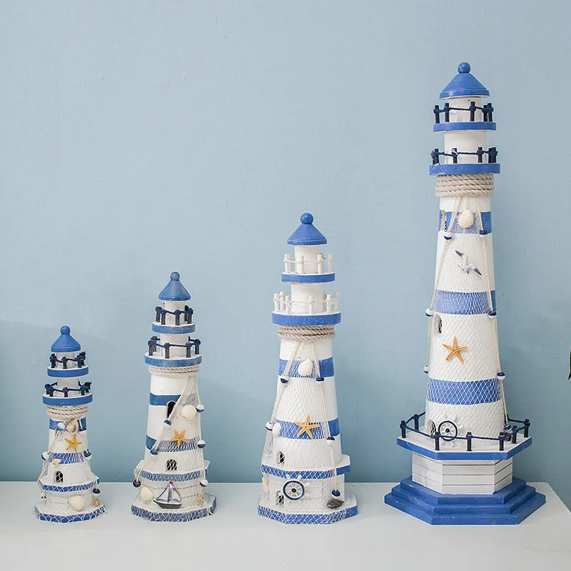 Mediterranean Style Stripe Lighthouse Simulation Model Handmade Wooden Watchtower Observation Tower Ornaments Craft Home Decor