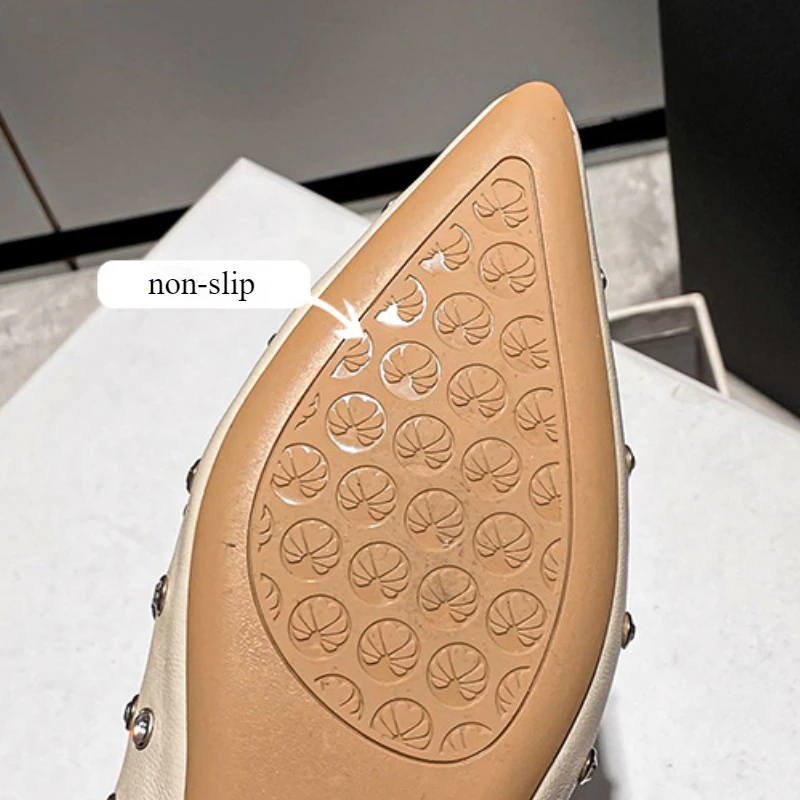 Sexy Rhinestone Rivet Design Mary Jane Women's Shoes Fashion Pointed Toe Low Heel Flat Shoes Designer Luxury Shoes Woman Size 43