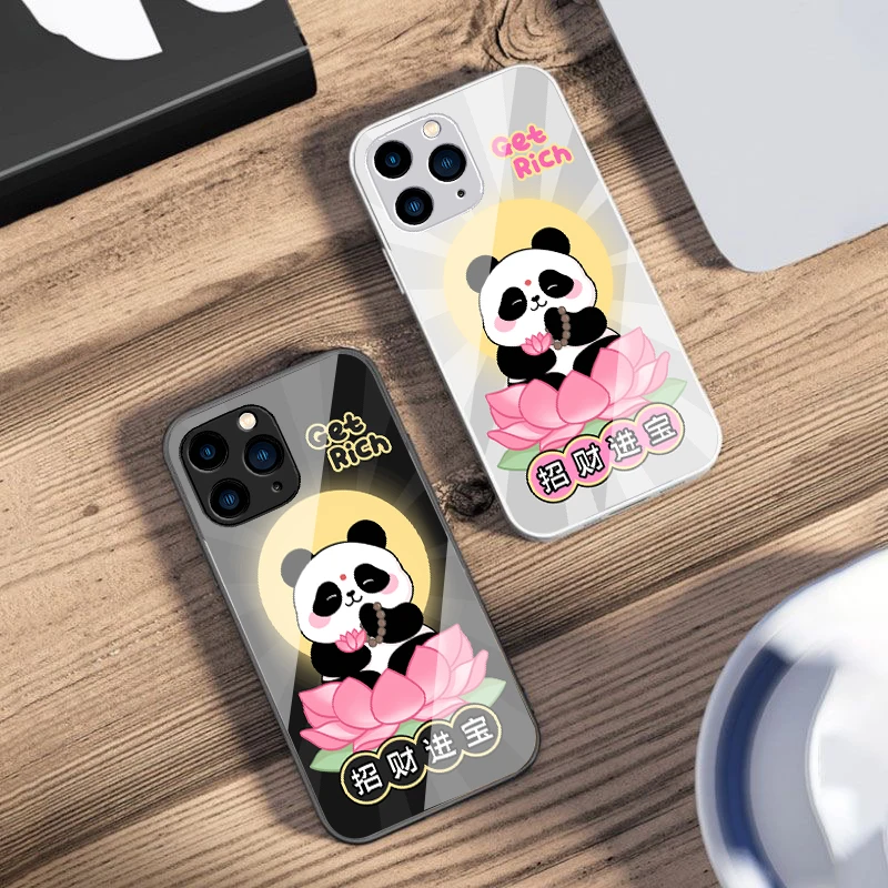 นั่งLotus PandaสําหรับIPhone 16 Pro Max 15 Pro 14 13 12 Mini 11 XS Max XR 7 8 Plu SE 2022 กระจกนิรภัยเคสโทรศัพท์