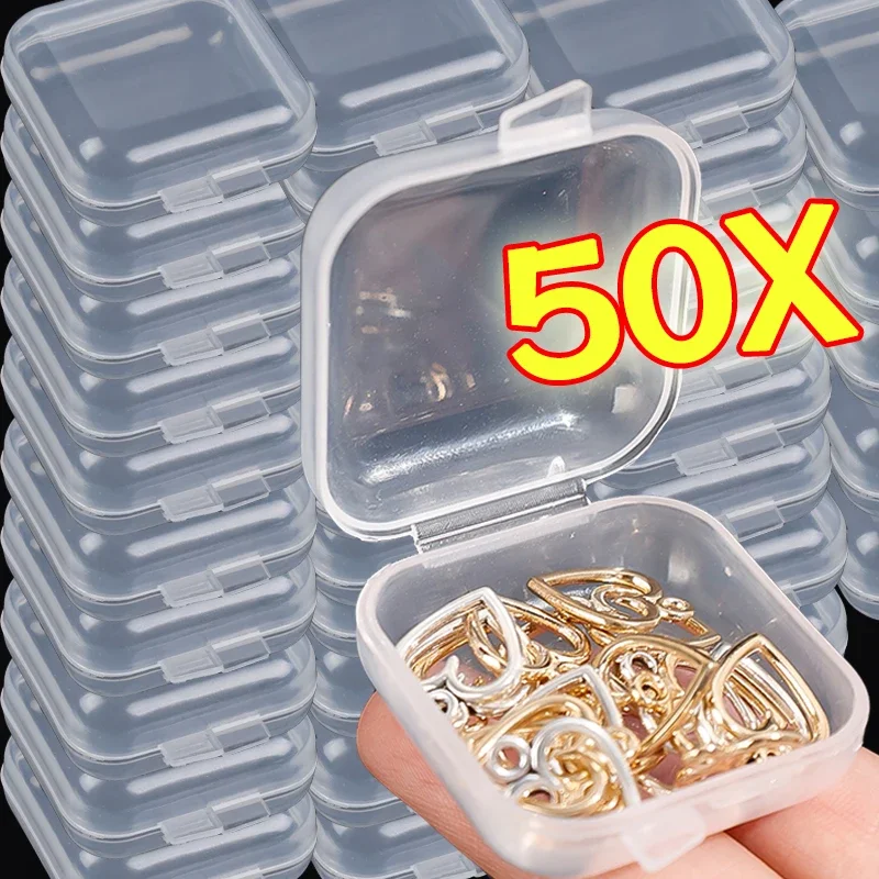 50PCS Mini Plastic Storage Box Transparent Jewelry Storage Box Container Portable Earring Rings Earplugs Packaging Storage Case