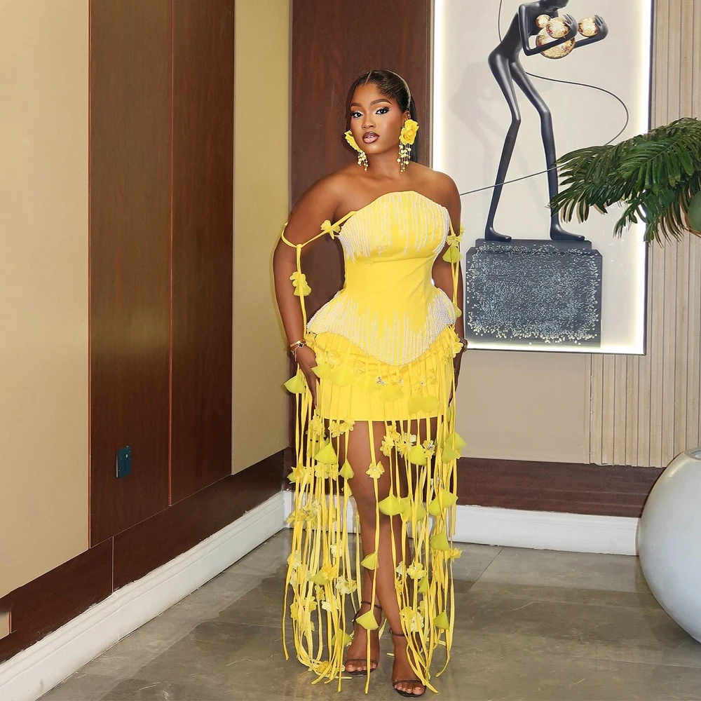 

Aso Ebi Beaded Mini Cocktail Dress African Flowers Strapless Wedding Party Dress Birthday Gowns Luxury Satin Straight Customized