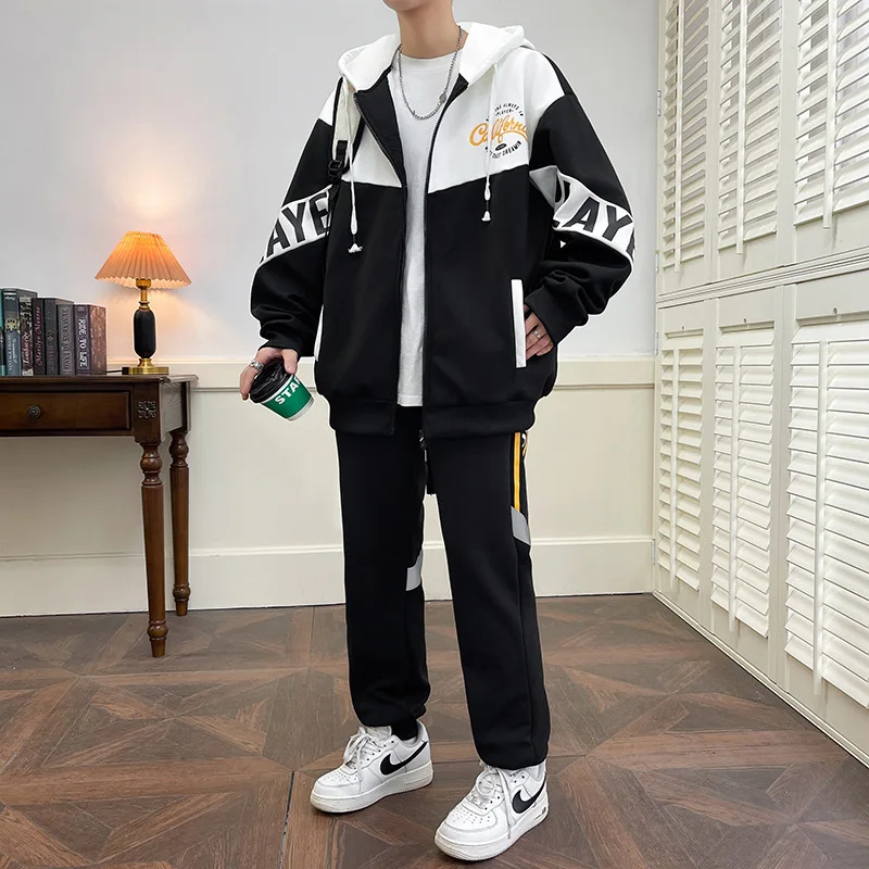 Vielseitiger, trendiger zweiteiliger Trainingsanzug für Herren mit Kapuze, lockerer Passform, langärmligem Sweatshirt, Jogginghose mit Kordelzug, Schuluniform, Alltagskleidung – Detail 3