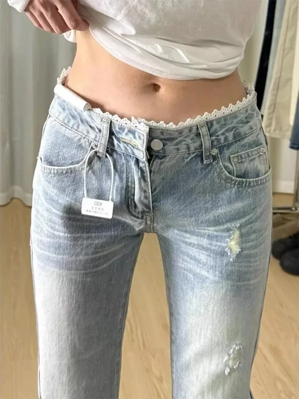 Low Waist Bell Bottom Lace Slimming Denim Jeans Women's Summer Fashionable Casual Straight Leg Blue Jeans High Waist