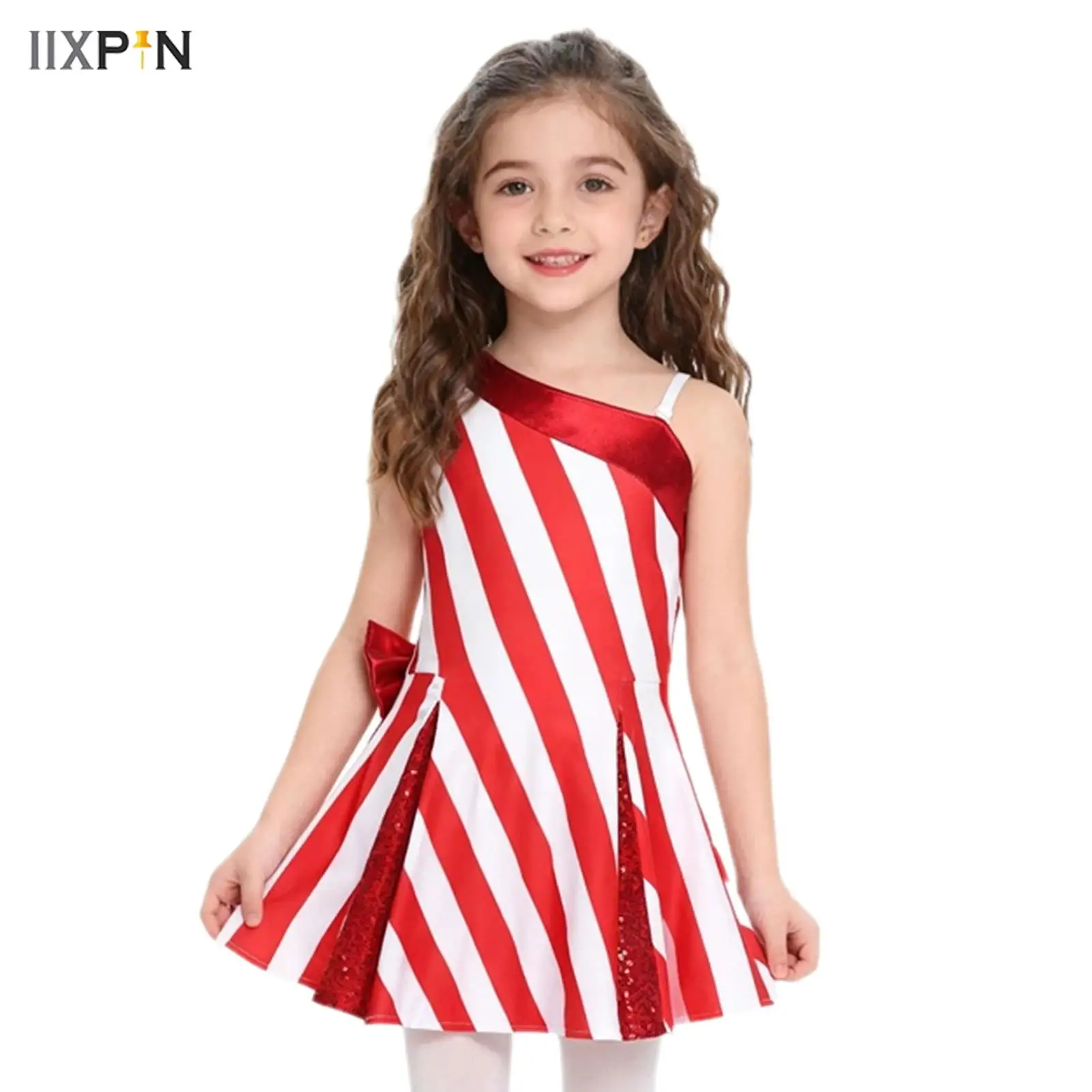 

Girls Christmas Dress One Shoulder Metallic Bow Sequins Contrast Color Striped Flared Dress for Xmas Theme Party Santa Claus