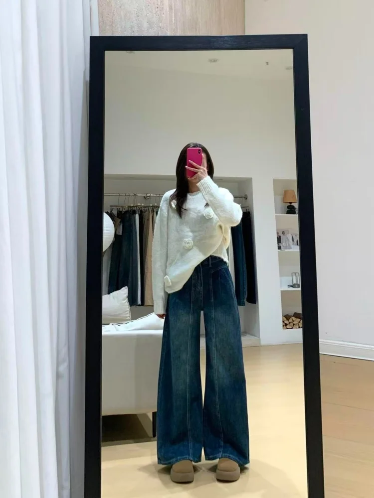 American Sle plus Size Women's Fce Lined Thiened Vintage Straight Leg Jeans Autumn Winter Loose Drapey Wide Leg Pants