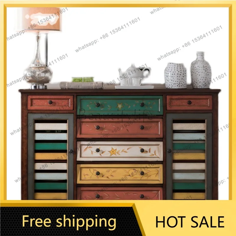 Zj. American rural solid wood multi-layer shoe cabinet retro hand-painted side cabinet