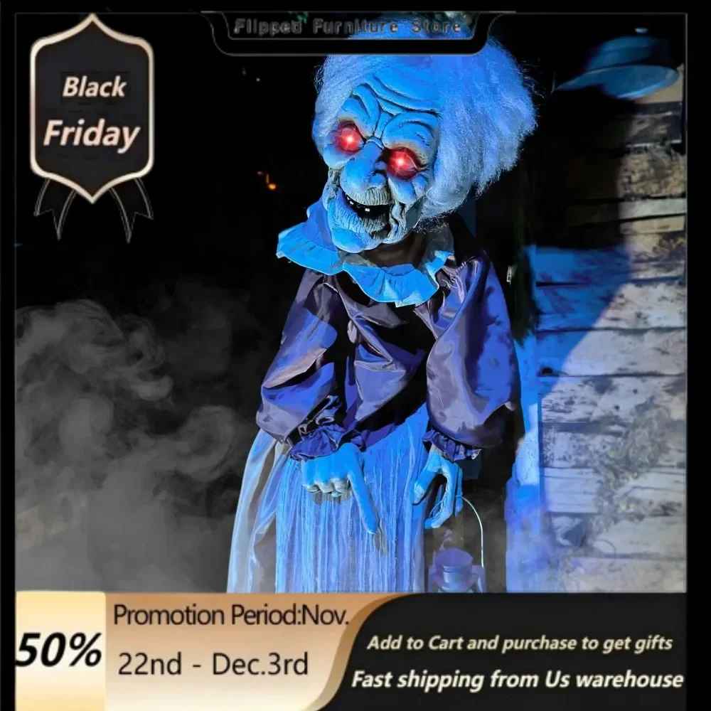 

Halloween Decoration Lifesize Animatronic Scary Old Lady Zombie with Motion Activated Lights and Sound, Battery-Operated Indoor