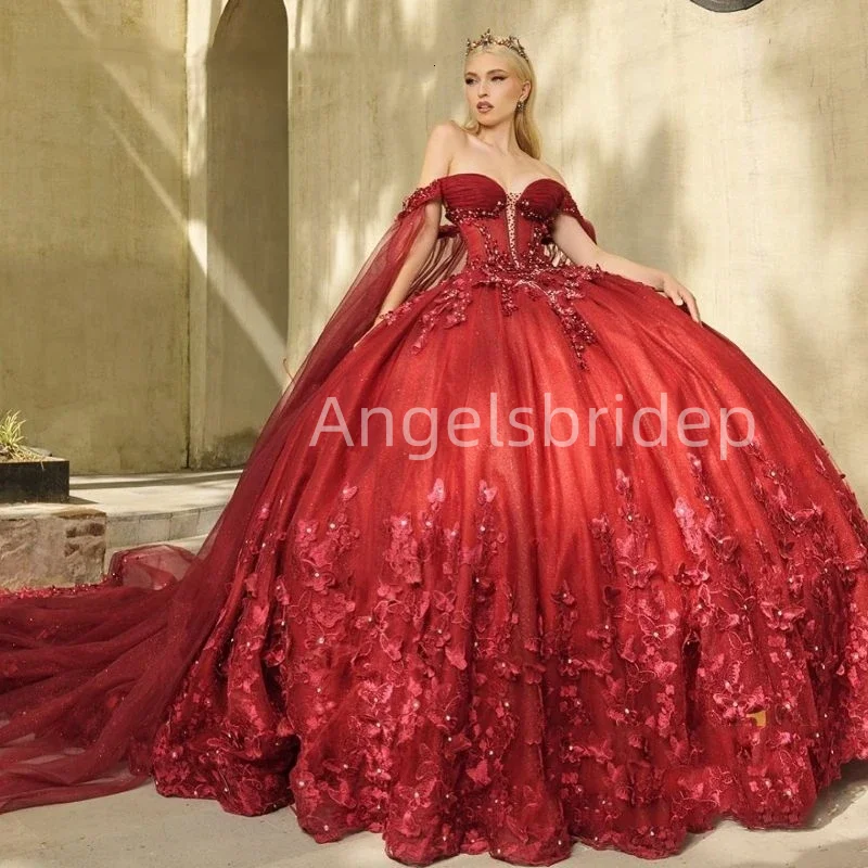 Angelsbridep индивидуальное бордовое бальное платье Quinceanera платья накидка с бисером 3D флора платье для дня рождения Vestido De 15 Años