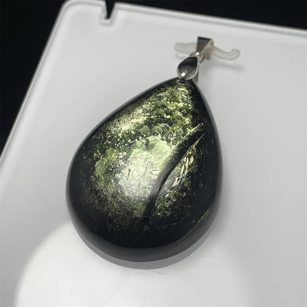 Natural Green Light Lepidolite Pendants Woman Healing Mysterious Black Gemstones Beads Flaky Water Drop Jewelry 925 Silver Clasp