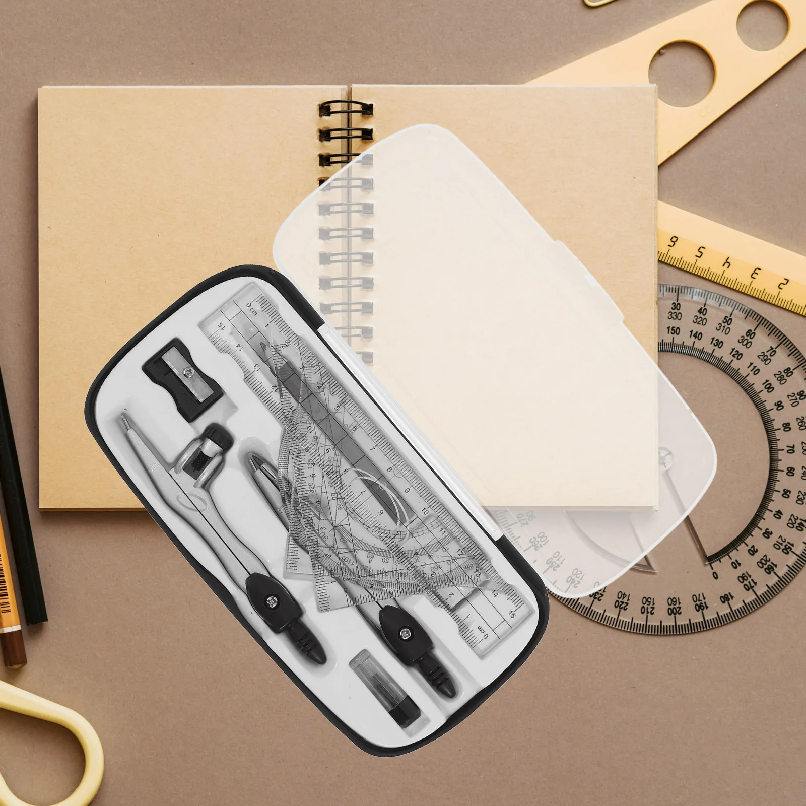 1 set 1 Set Compass Protractor Ruler Kit For Students Geometry Drawing Tools School Supplies Kids Plastic Alloy Measuring Set