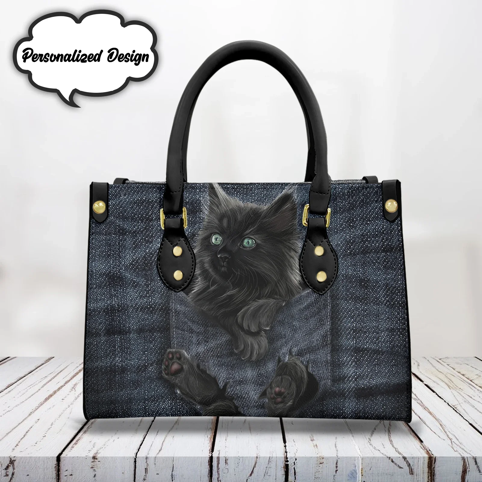 Bolsa padrão de gato para senhoras e meninas, couro premium, sacolas portáteis, alça de ombro dupla, bolso bonito, ao ar livre