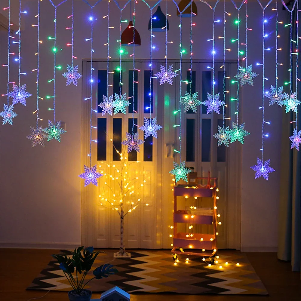 Guirnalda de luces navideñas LED, guirnalda de cortina con copos de nieve, impermeable, para decoración navideña, fiesta, 2024